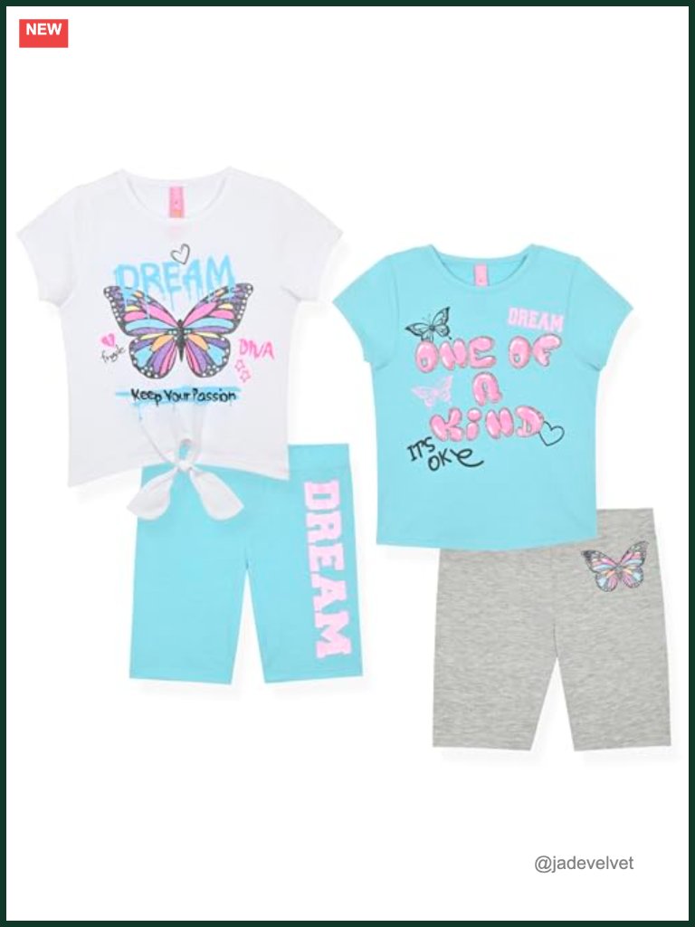 Girls 4 Piece Outfit Set - Short Sleeve Tops, Scooter Skirt, Bike Shorts Mix